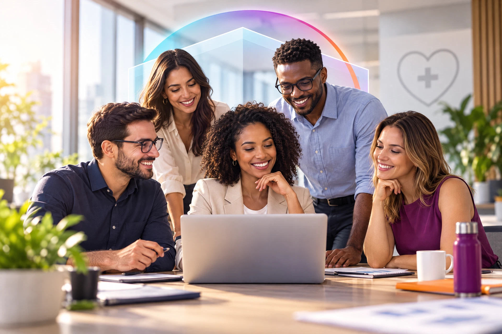 Equipe de trabalho em escritório com símbolo de proteção e saúde nas cores da Ruccini Seguros