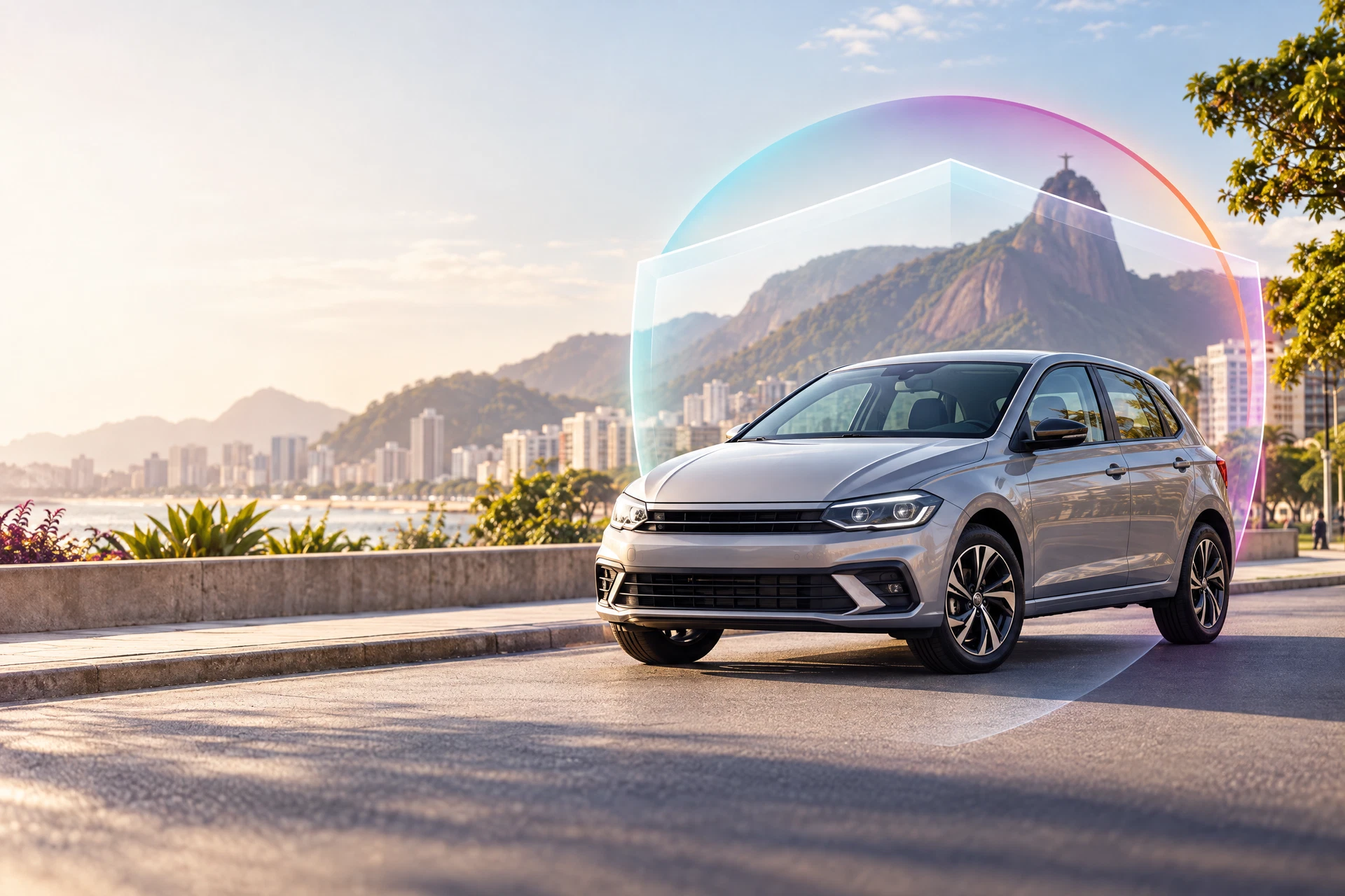 Carro em uma paisagem urbana protegido por um escudo abstrato nas cores da Ruccini Seguros